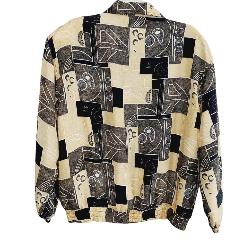 Vintage Fuda International Woman's Large Silk Bomber Jacket Geometric Black 90s - Picture 2 of 13